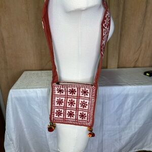 Red & White Embroidered Crossbody Bag with Floral Design, Handcrafted in India